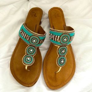 Beaded teal sandals. Low wedge heel. Size 9